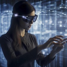 Woman with data glasses for artificial intelligence stands in front of a data stream