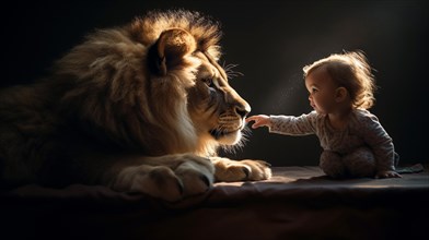 Profile of A fearless baby child reaching for the face of A very large lion sitting next to her
