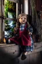 Antique porcelain doll on a rustic window sill with a view of the landscape