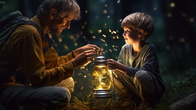 Father and son having fun catching firefly lighting bugs together