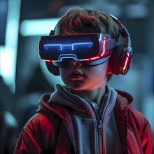 Child with data glasses for artificial intelligence stands in front of a data stream