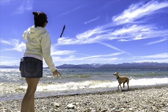 Young woman playing with her greyhound dog on a walk. Owner throwing stick to his pet