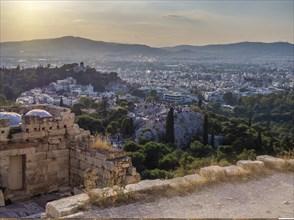 View of Athens and Areopagus hill from Acropolis hill and walls