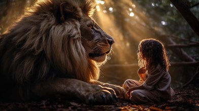 Profile of A fearless young female child sitting and talking to A very large lion