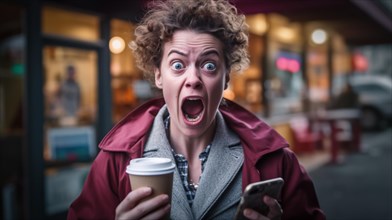 Delightedly surprised or horrified young adult female holding her coffee cup and cell phone walking outside