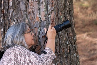 Close-up of a white-haired woman photographer taking a picture leaning on a pine tree