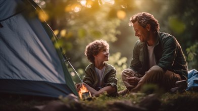 Father and son enjoying their campsite with their tent and campfire together