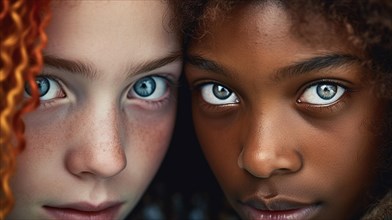 Dramatic close-up portrait of a redheaded girl and an african american girl cheek to cheek both with stunning blue eyes