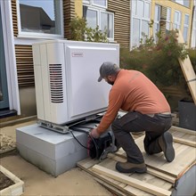 Craftsmen install a modern heat pump in a house