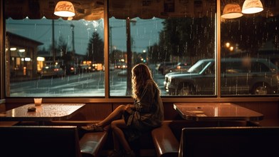 Young girl sits alone and afraid in a damp diner at night