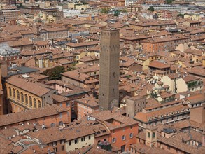Aerial view of the Torre Prendiparte tower in the city of Bologna