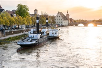 Historical Museum Ship on the Danube at sunset