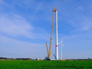 Wind turbine for power generation being erected with a large crane