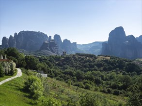 Panoramic view of Meteora rocks on a clear summer day. Tourist destination
