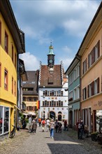 Pedestrian zone in the old town of Staufen with the town hall