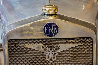 1930 FN 1400 S close-up of radiator grill badge of Belgian classic car