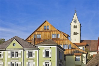 Town parish church of the Visitation of the Virgin Mary and roof sections in the historic old town of Meersburg on Lake Constance