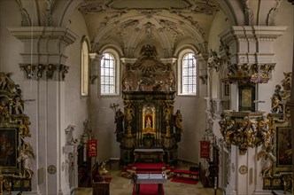 Interior view looking towards the altar of the Baroque pilgrimage and parish church of St. Maria auf dem Rechberg near the district of the same name in Schwaebisch Gmuend