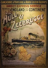 Vintage 1907 poster advertising the Hull Zeebrugge ferry service between England and the continent
