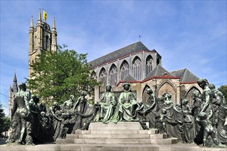 Monument in honour of the Van Eyck brothers and the Saint Bavo cathedral in Ghent