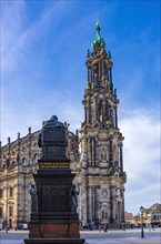 The Catholic Court Church on the Schlossplatz and in front of it the monument in honour of Friedrich August I by Ernst Rietschel