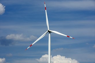 A wind turbine in summer rises into the sky in Luckau