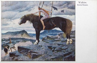 Old German vintage postcard showing painting Walkuere