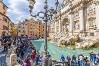Trevi Fountain in a Sunny Day with Crowd of People in City Square in Rome