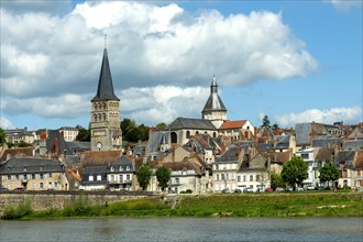 La Charite sur Loire. View on the Sainte-Croix bell tower and the Notre-Dame church. Nievre department. Bourgogne franche Comte. France