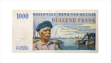 Old Belgian banknote of 1000 francs showing Hendrik Geeraert who opened the sluices of the Yser River