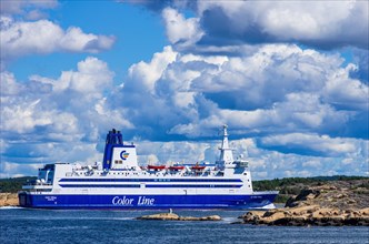The ferry COLOR VIKING of the Norwegian ferry line COLOR LINE navigates through the archipelago off Stroemstad on course towards the harbour
