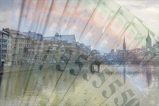 Zurich with the river and Swiss franc banknotes