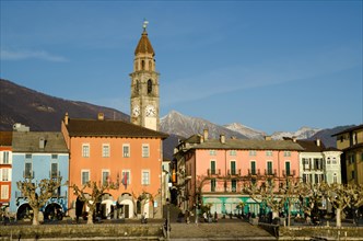 Alpine village Ascona with snow-capped mountain in Ticino