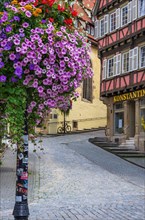 Urban decoration with flowers on a lamppost on the Holzmarkt in the historic old town of Tuebingen