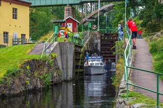 Boat traffic at the lower lock of the lock system on the Dalsland Canal in Haverud near Mellerud