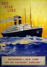 1920 vintage poster of the Red Star Line showing the SS Lapland passenger ship sailing under Belgian flag between Antwerp