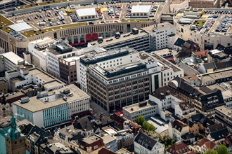 Aerial view Former Karstadt building in the inner city of Recklinghausen has been converted and revitalised into the Markt Quartier