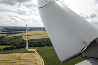 View from a wind turbine next to a field in Luckau