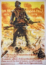 Vintage WWI propaganda poster showing French soldier from the First World War One defending France