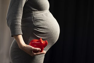 Pregnant woman with piggy bank. Cost of one child