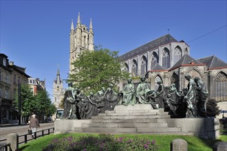 Monument in honour of the Van Eyck brothers and the Saint Bavo cathedral in Ghent
