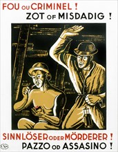 Vintage safety poster warning miners in Dutch
