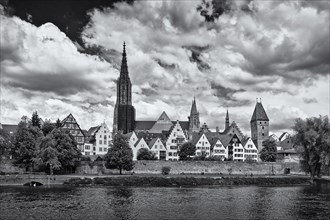 City silhouette of Ulm on the Danube with old city fortifications
