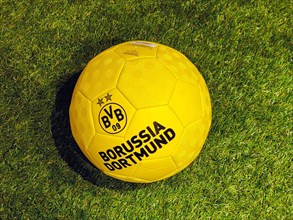 Yellow black football as fan article in a BVB fan shop by Borussia Dortmund