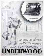 French black-and-white vintage advertisement for American Underwood portable typewriters in magazine