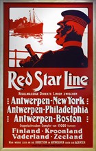 19th century vintage poster of the Red Star Line advertising crossings under Belgian flag between Antwerp and the United States