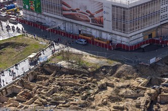 View from above of an archaeological excavation site on the Neumarkt behind the Kulturhaus