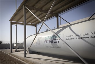 Hydrogen tank at the Green Hydrogen Project site at the Mohammed bin Rashid Al Maktoum Solar Park in Dubai