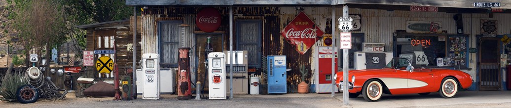General store along the historic Route 66 with vintage gas pumps