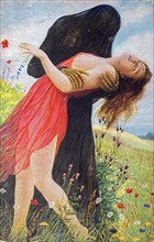 Old German vintage postcard showing painting Death and the Maiden